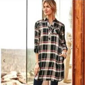 JJILL Shirt Dress Plaid long sleeve with roll sleeves and tabs.  Size XL